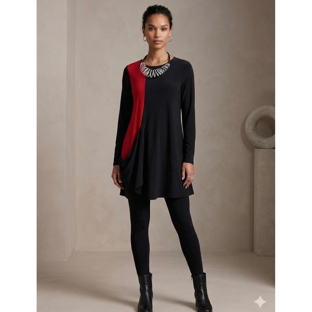 Sun Kim Lagenlook Colorblock Tunic  Black Red Long Sleeve Top SK532 Large Artsy